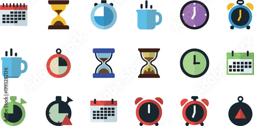 Time and Schedule Management Icons Featuring Clocks, Calendars, Alarms, Hourglasses, and Timers for Productivity Tools
