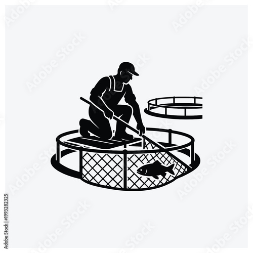 Man fishing with net and fish silhouette drawing