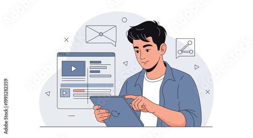 Young man using tablet for online communication and content creation, digital marketing concept