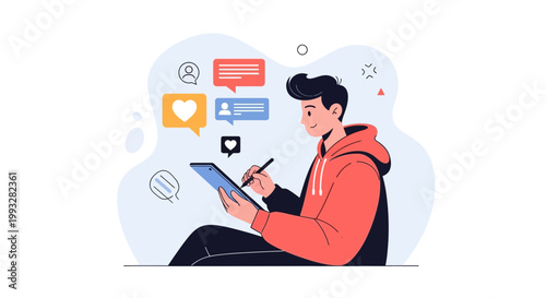 Young man using tablet for social media, online communication, likes and messages