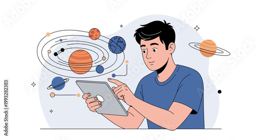 Young man using tablet to explore solar system model, virtual reality education concept