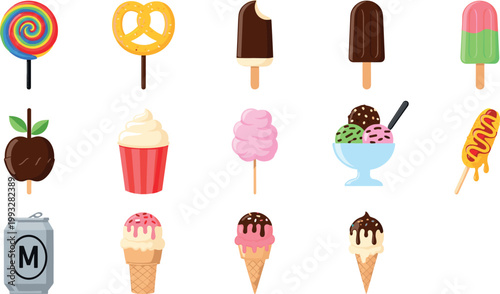 Sweet Treats and Snacks Collection Featuring Ice Cream, Lollipops, Pretzels, Cotton Candy, and More for Summer Desserts