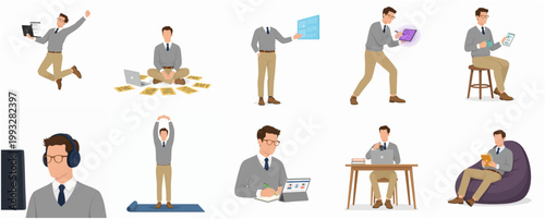 Modern Flat Design Illustration Set of Business Man Daily Routine and Work Activities