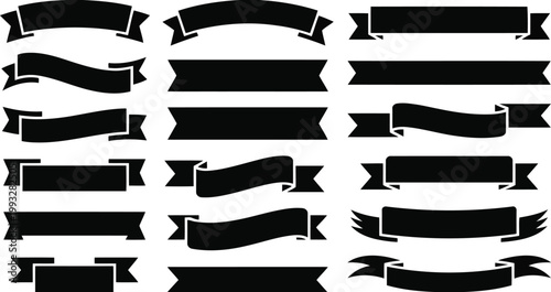 A diverse set of black ribbon and banner silhouettes displayed on a clean white surface
