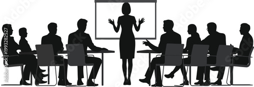 A diverse group of business professionals attend an important meeting with a presenter and screen