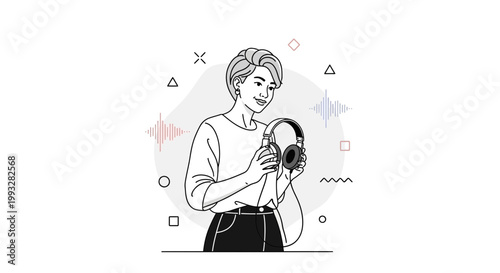 Young person holding headphones, enjoying music, abstract sound waves and geometric shapes background