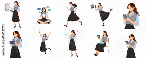 Modern Flat Illustration Set of Young Woman Character Engaging in Diverse Daily Activities and Technology Lifestyle Concepts