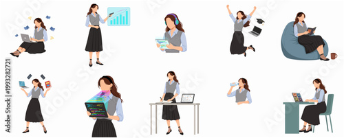 Flat Illustration Modern Character Set of Young Woman Working Studying Learning Digital Tasks Productivity Lifestyle
