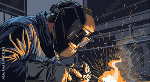 Close-up of a welder in protective gear welding with sparks flying in an industrial setting.
