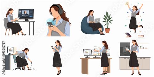 Modern Flat Design Young Woman Professional Daily Work and Lifestyle Activities Set