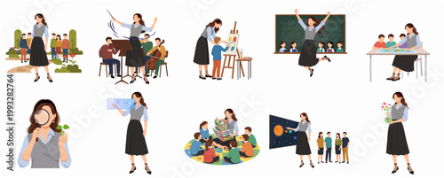Modern Flat Illustration Set of Female Teacher Engaging in Diverse Educational Activities with Student Character Collection