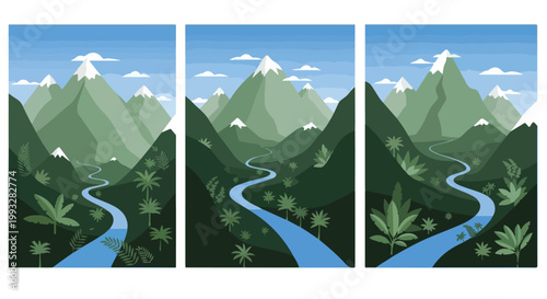Serene vector illustration of a mountain valley with a winding river flowing through lush green foliage.