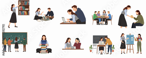 Flat Modern Illustration of People Engaged in Educational Activities, Studying, Learning, and Teaching Concept Collection
