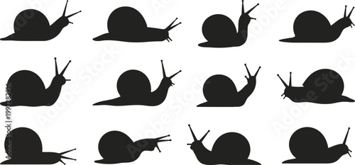 A diverse set of twelve simple black snail silhouettes depicted in various natural crawling positions