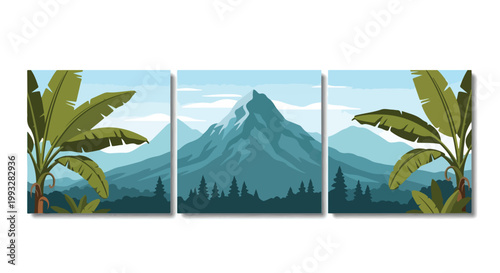 Serene mountain landscape illustration with lush tropical foliage and distant peaks forming a triptych panel design.
