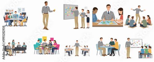 Modern Flat Illustration Diverse Business Team Collaboration Meeting Presentation Brainstorming Concept Collection