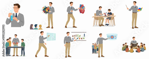 Flat Illustration Set of Male Teacher Engaging in Diverse Educational Activities with Student Character Design for Learning Concept
