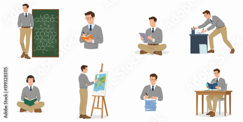 Modern Flat Illustration Young Man Engaging in Diverse Intellectual and Creative Pursuits Like Studying Reading and Painting Learning Lifestyle Collection