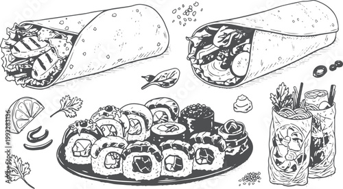 Hand drawn burritos, sushi, drinks, and garnishes