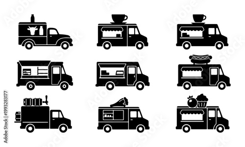 Food truck icon set with 9 black silhouettes, mobile street food van collection, professional catering vehicle vector graphics for restaurant branding