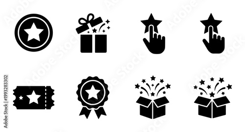 Loyalty program icon set, black reward symbols for marketing, 8 vector icons featuring gift boxes, stars, and bonus points for customer engagement
