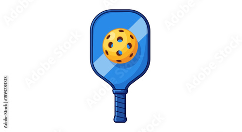 Illustration of a blue pickleball paddle with a yellow ball on a white background