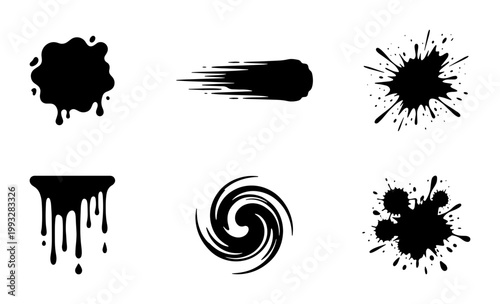 Black ink splat vector set, liquid dripping paint blobs and spray splashes, 6 abstract grunge ink stains for graphic design and street art
