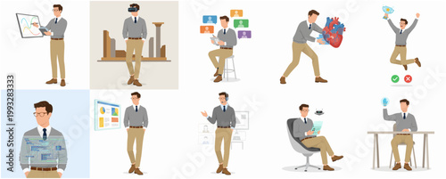 Modern Flat Illustration Professional Business Man Interacting with Technology Data Virtual Augmented Reality Concept Collection