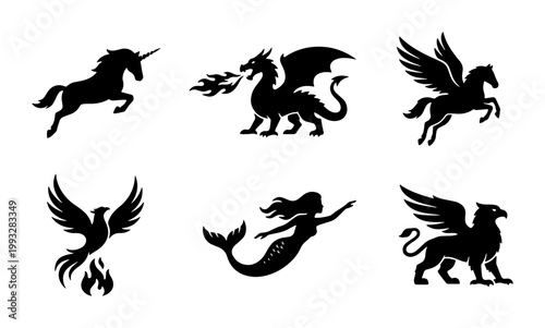 Mythical creatures black silhouette vector set, legendary fantasy monsters collection, dragon unicorn mermaid phoenix pegasus and griffin icons