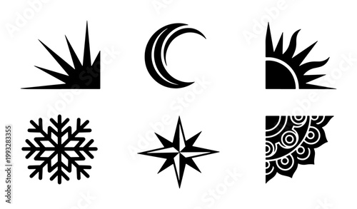 Minimalist celestial icon set, black sun and moon vector elements, snowflake and star symbols, decorative corner ornaments for graphic design