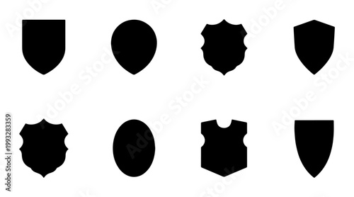 Heraldic shield silhouettes set, 8 black crest vector icons, medieval security and protection symbols, blank emblem shapes for logo design