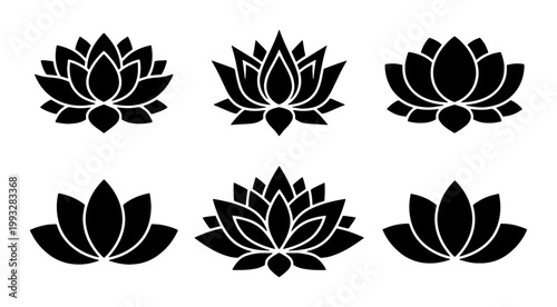 Lotus flower silhouette icons set, black floral water lily vector collection, zen yoga and meditation symbols, 6 botanical blossom graphic elements