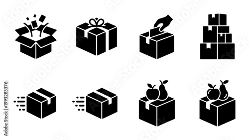 Logistics and shipping box icons set, black solid delivery package symbols, 8 vector elements for e-commerce and warehouse storage tracking