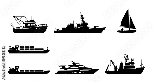 Nautical ship silhouettes set, black maritime vessel icons collection, cargo boat and luxury yacht vector graphics, naval destroyer and fishing trawler symbols