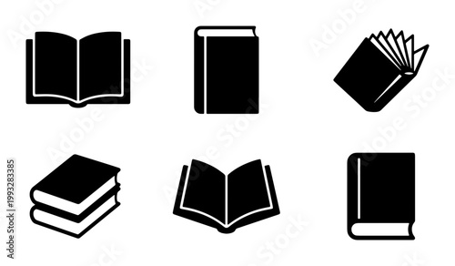 Minimalist book icon set with 6 black vector symbols, open and closed textbook silhouettes, library and education graphic elements for web design