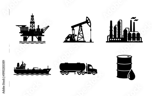 Industrial oil and gas production icons, black silhouette petroleum industry vector set, offshore drilling rig and refinery factory symbols