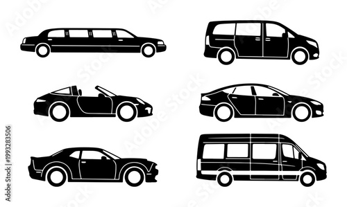 Black car silhouettes set, 6 vehicle icons including limousine and van, flat transport vector graphics, automotive side view collection