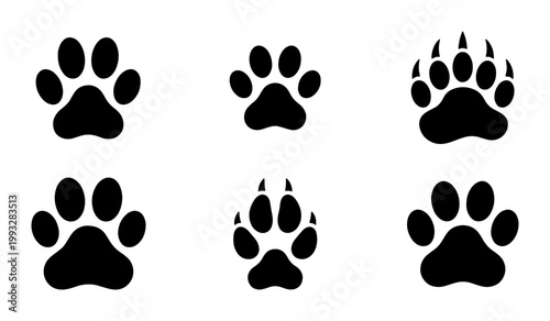 Animal paw prints collection, 6 black vector silhouettes of dog and cat tracks, wild bear and wolf paw icons for nature and pet design