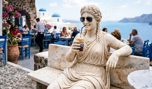 Greek goddess statue relaxing in a cafe on Santorini drinking frappe iced coffee