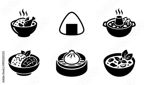Asian food icons set, black and white vector illustrations of dim sum, onigiri, curry, and hot pot, 6 minimalist culinary symbols for restaurant menus