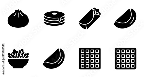 Minimalist food icon set, black solid vector symbols of breakfast and snacks, 8 flat icons including pancakes, waffles, salad, and dumplings