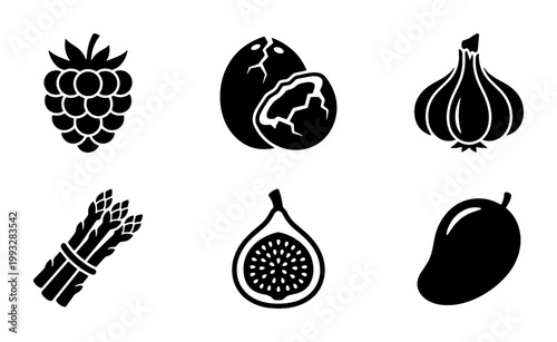Minimalist fruit and vegetable icons, set of 6 black solid vector symbols, organic food silhouettes including raspberry, coconut, garlic, asparagus, fig, and mango