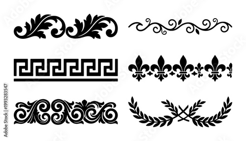 Vintage ornamental borders and dividers set, classic greek key and fleur de lis vector elements, elegant black filigree scroll and laurel wreath
