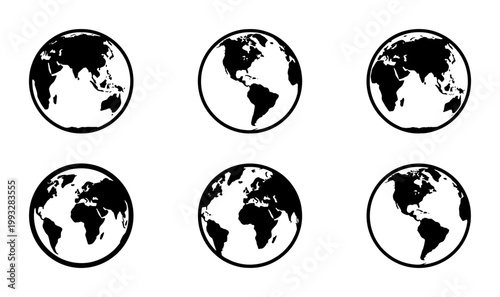 Minimalist world globe icons set, black earth map silhouettes from different angles, 6 vector planet spheres for global business and travel logistics