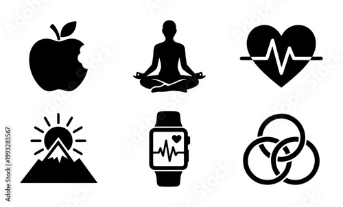 Health and wellness icon set, black silhouette fitness symbols for lifestyle tracking, 6 vector elements for medical and sports apps