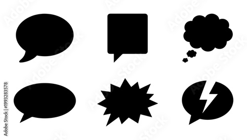 Minimalist black speech bubble icons set, 6 flat vector chat cloud silhouettes, comic thought bubbles and communication symbols for UI design