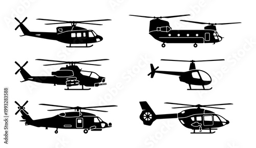 Military and civilian helicopter silhouettes set, 6 black aircraft vector icons, transport and emergency aviation collection for infographics