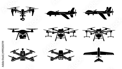 Unmanned aerial vehicle drone silhouettes, set of 9 black uav vector icons, military and commercial quadcopter aircraft collection for technology design