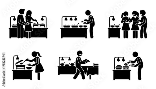 Buffet catering service icon set, restaurant self-service food station pictograms, people serving dinner at banquet event, black stick figure vector