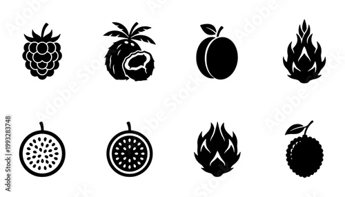 Minimalist tropical fruit icon set, black solid vector fruit silhouettes, collection of 8 organic food symbols for menu design and packaging